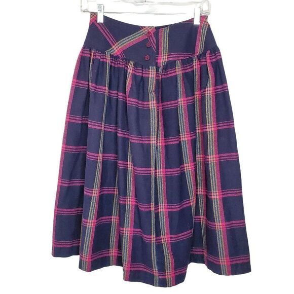 Vintage 80s Plaid Yoke Pleated Wool Skirt Sz 7 Navy Blue Pink Yellow - Picture 1 of 4
